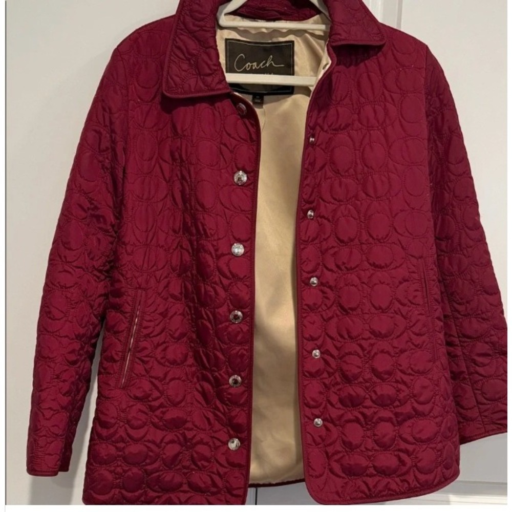 Coach Signature C Quilted Jacket Size L Burgundy Wine Red Snap Front Barn Coat